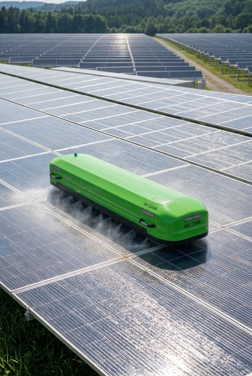 EcopakX solar panel cleaning robot operating at a solar farm